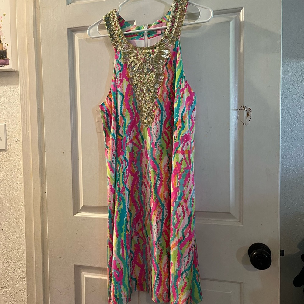 Colorful Sleeveless Dress with Gold Accents